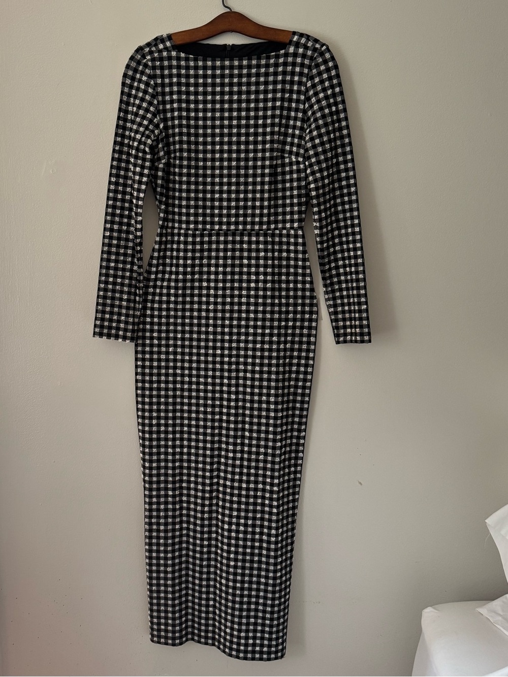 Rachel Comey Black and White Seersucker Gingham Fitted Long-Sleeve Midi Dress